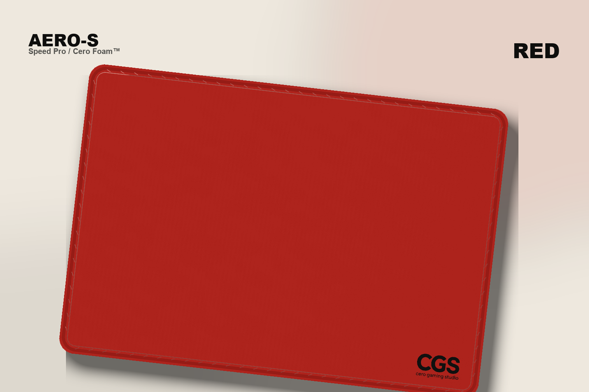 AERO-S Speed Pro Red smooth gaming mousepad render with spec-matched CGS logo, red stitched edge and Cero Foam base