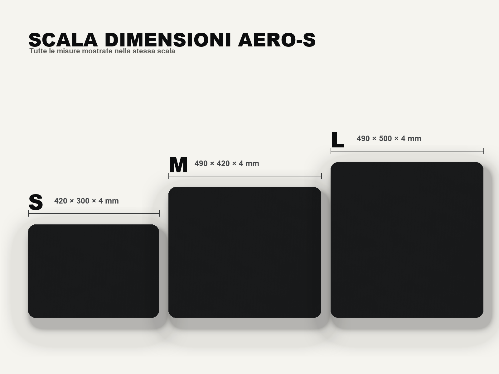 AERO-S Speed Pro Gaming Mousepad — Black — confronto delle taglie S, M e L nella stessa scala con dimensioni e spessore