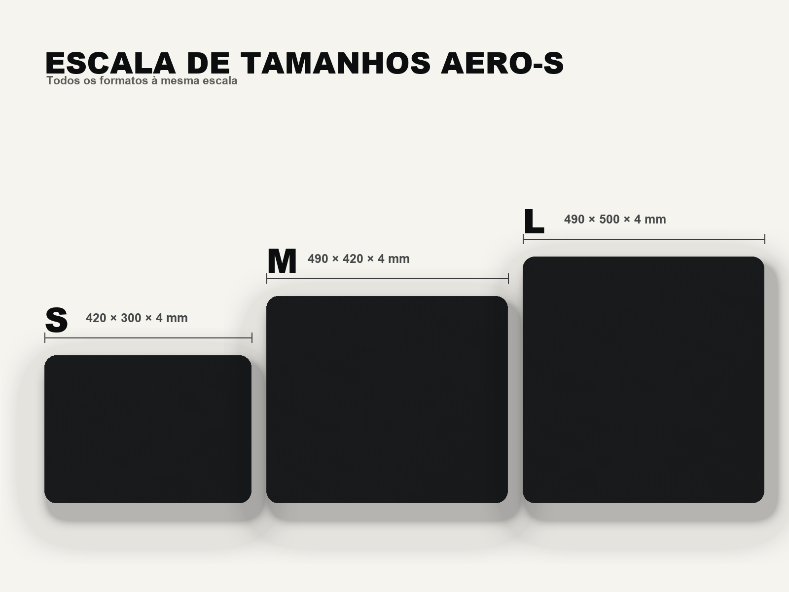 AERO-S Speed Pro Gaming Mousepad — Black — comparação dos tamanhos S, M e L à mesma escala, com dimensões e espessura
