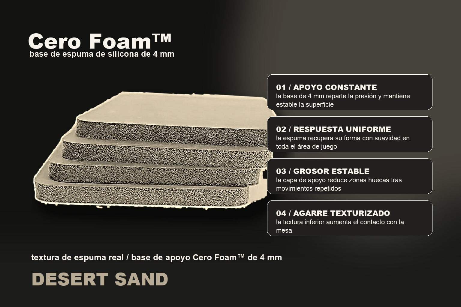 sección renderizada de Cero Foam con capa de tela, soporte poroso y textura antideslizante