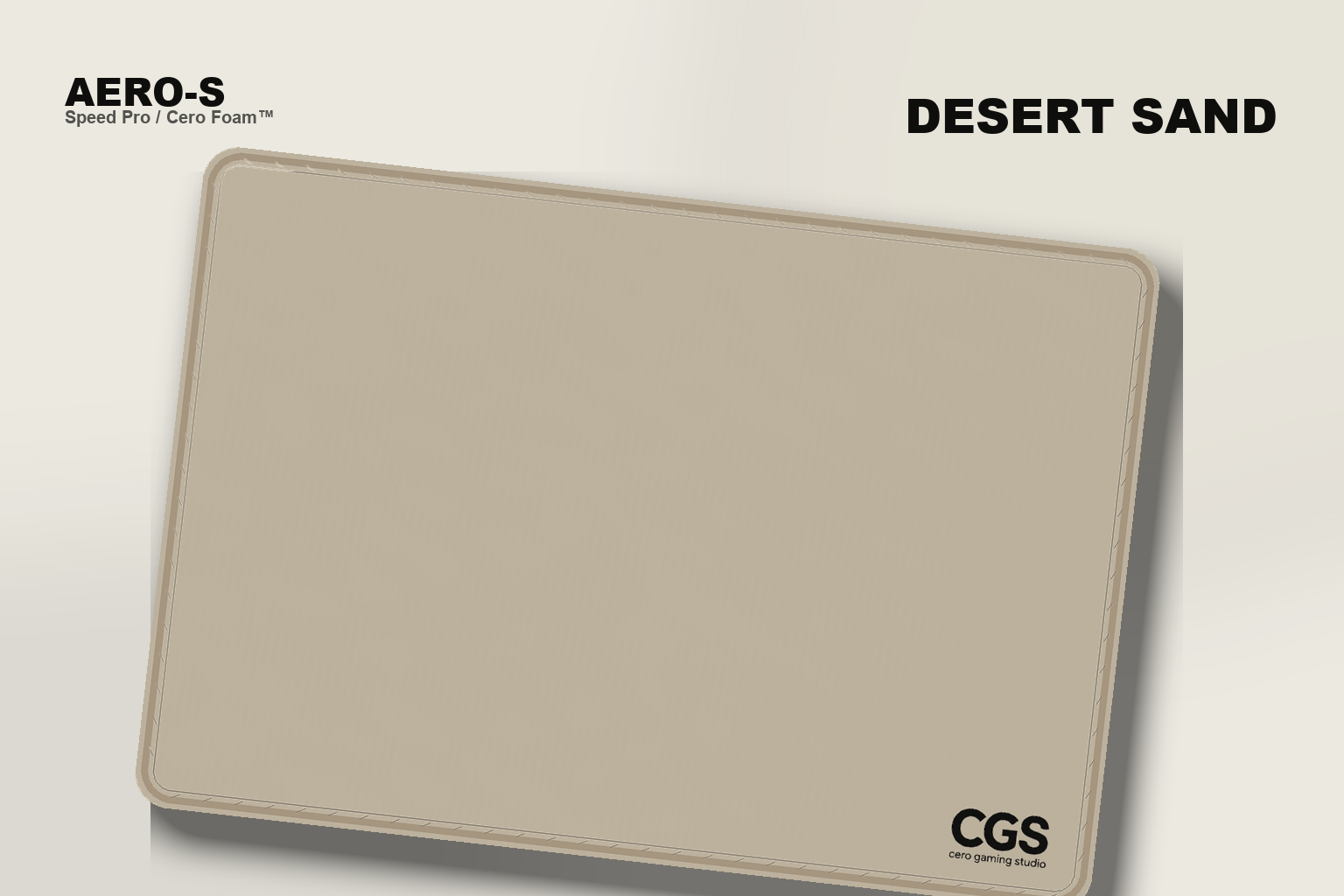 AERO-S Speed Pro Gaming Mousepad — Galaxy Grey — vista studio con logo CGS in scala, bordo cucito e base Cero Foam