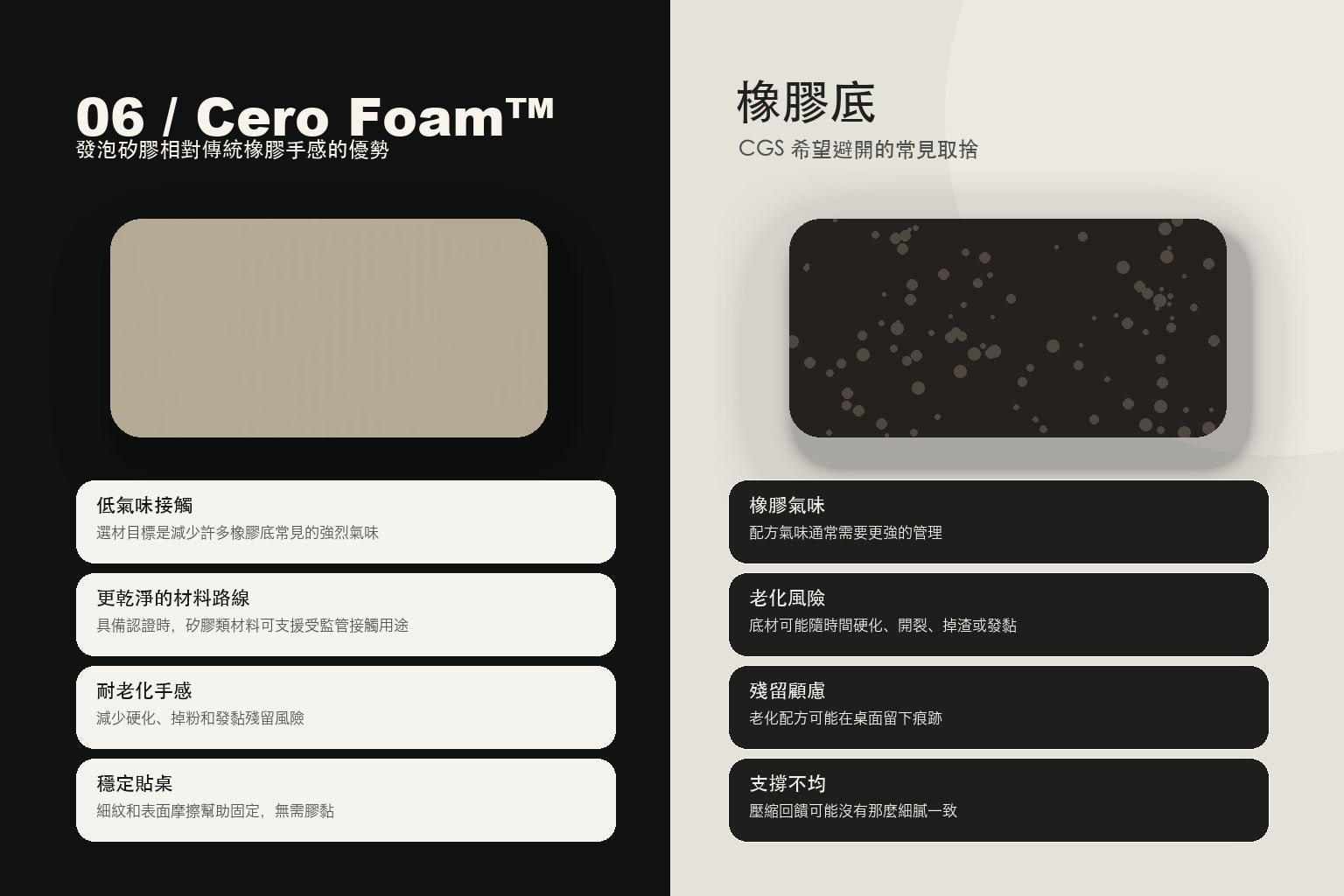 Cero Foam 與傳統橡膠滑鼠墊底材的優勢對比