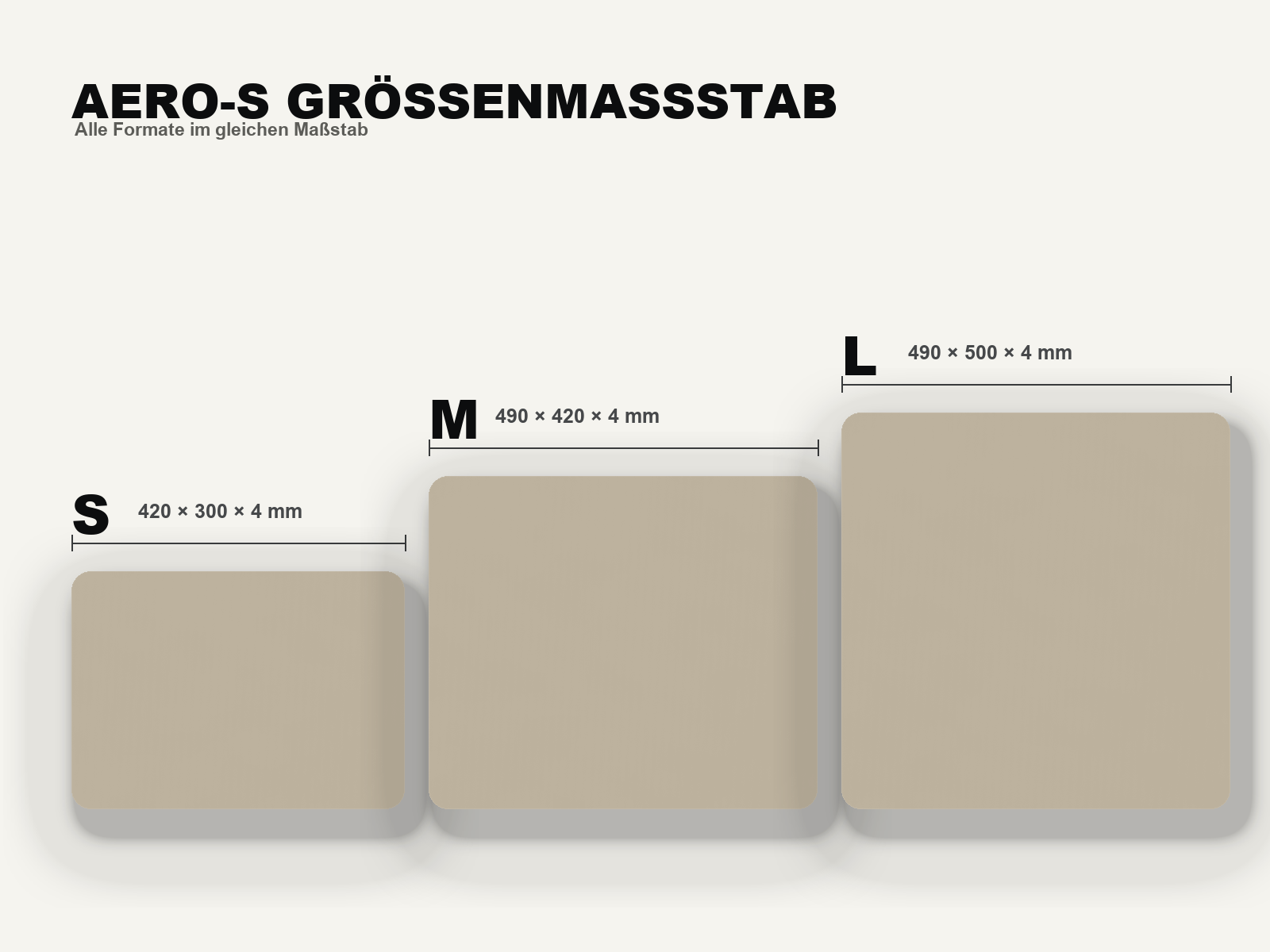 AERO-S Speed Pro Gaming Mousepad — Galaxy Grey — S, M und L im gleichen Maßstab mit Breite, Höhe und Dicke