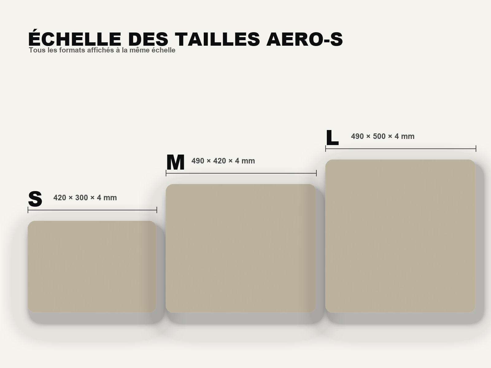AERO-S Speed Pro Gaming Mousepad — Galaxy Grey — comparaison des tailles S, M et L à la même échelle avec dimensions et épaisseur
