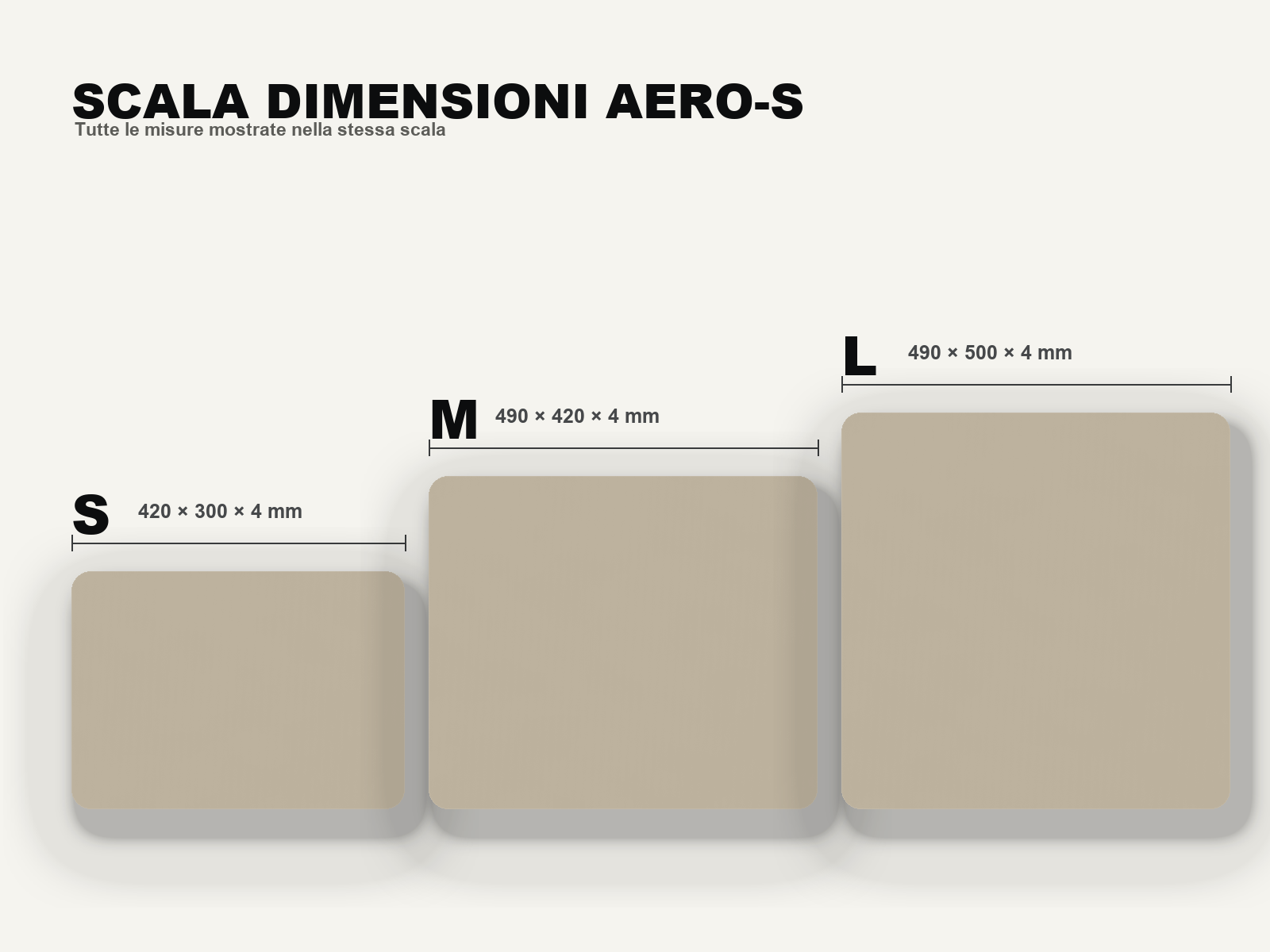 AERO-S Speed Pro Gaming Mousepad — Galaxy Grey — confronto delle taglie S, M e L nella stessa scala con dimensioni e spessore