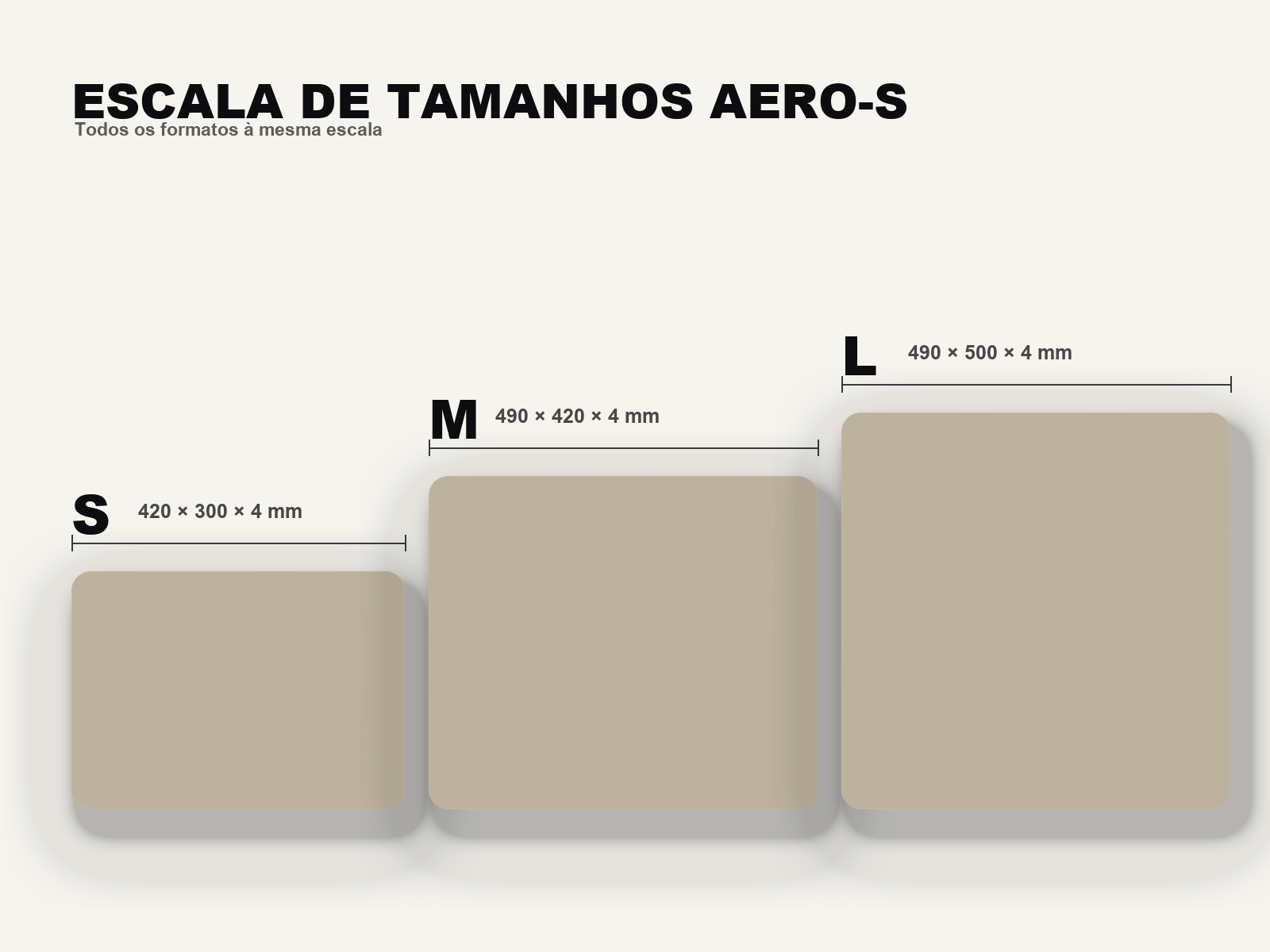 AERO-S Speed Pro Gaming Mousepad — Galaxy Grey — comparação dos tamanhos S, M e L à mesma escala, com dimensões e espessura
