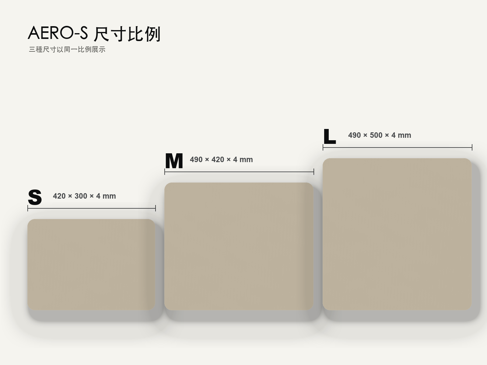 AERO-S Speed Pro Gaming Mousepad — Galaxy Grey — S、M、L 三種尺寸在同一比例下展示，並標註長寬厚尺寸