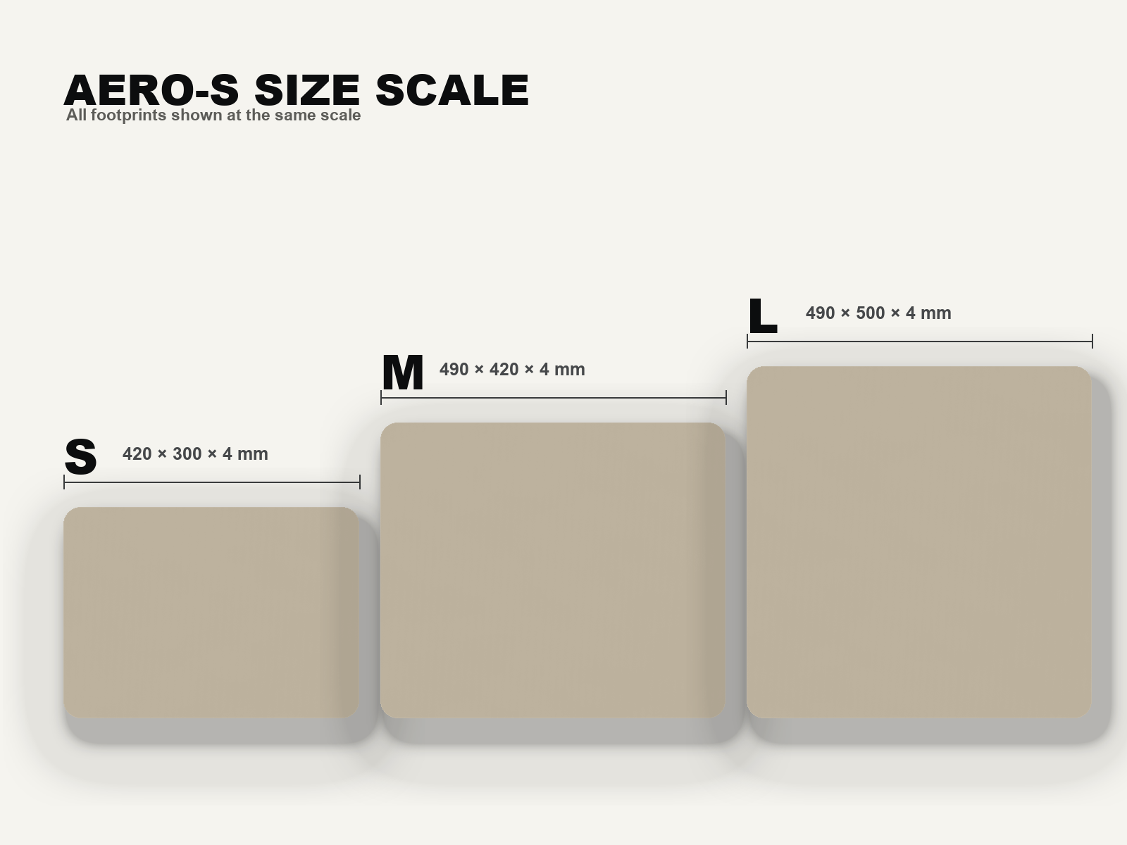 AERO-S Speed Pro Gaming Mousepad — Galaxy Grey — S, M and L size comparison shown at the same scale with footprint dimensions