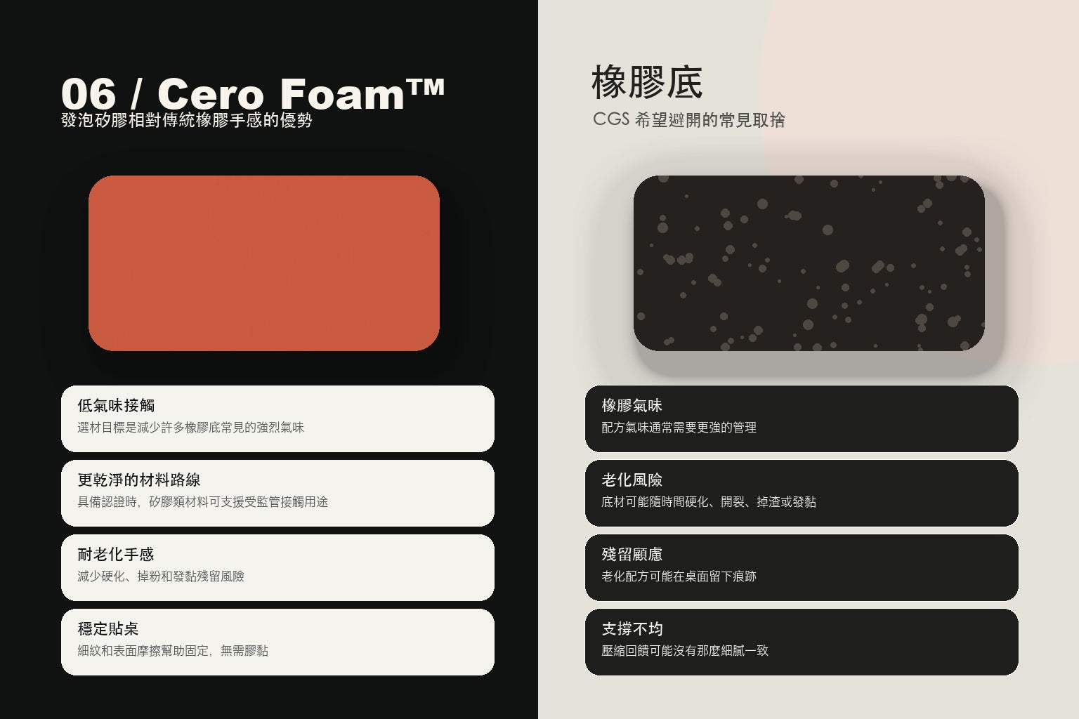 Cero Foam 與傳統橡膠滑鼠墊底材的優勢對比
