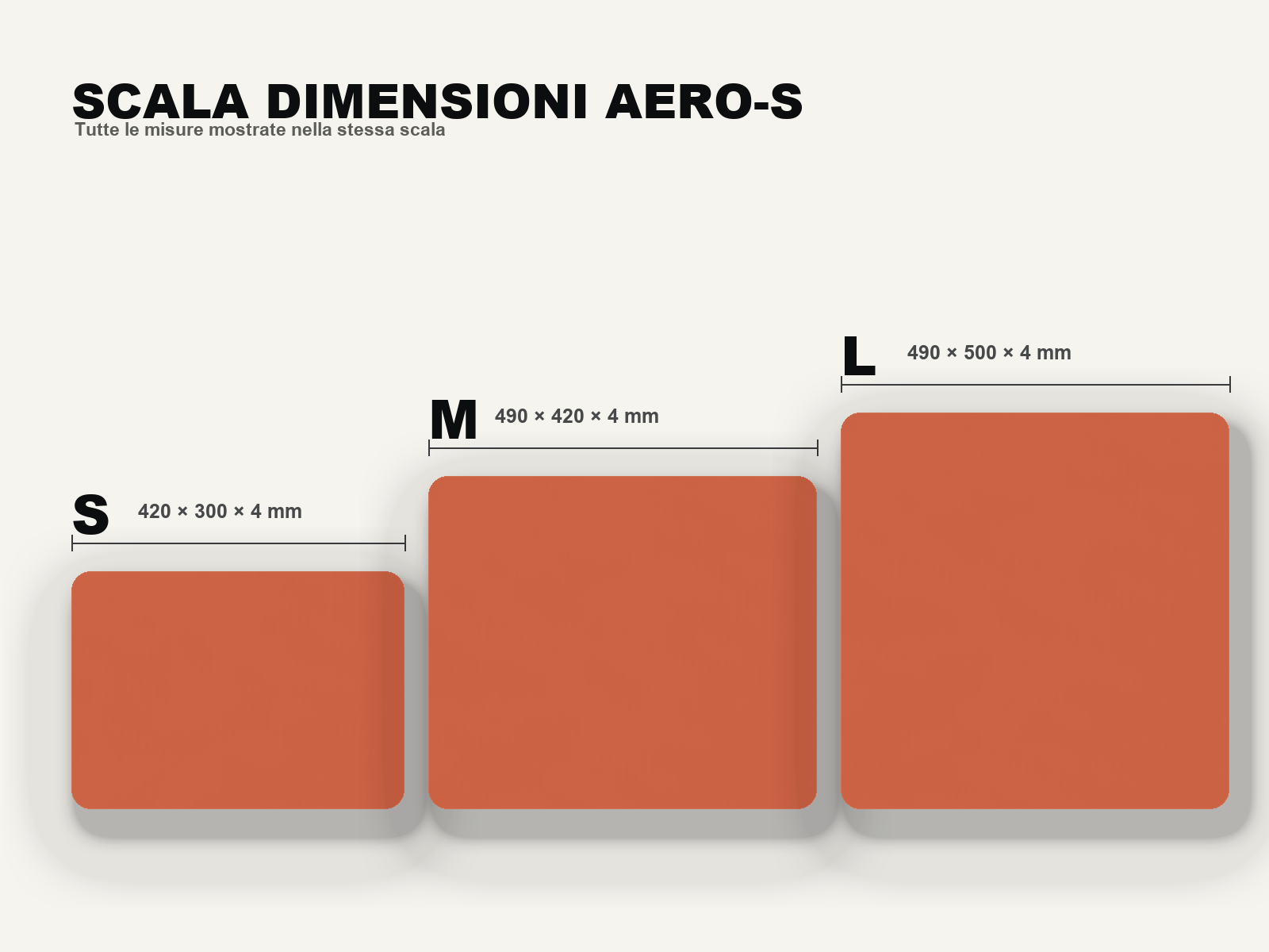 AERO-S Speed Pro Gaming Mousepad — Mars Red — confronto delle taglie S, M e L nella stessa scala con dimensioni e spessore