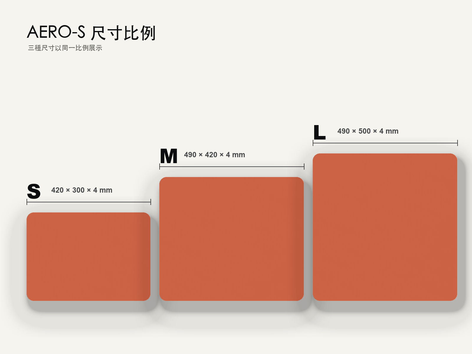 AERO-S Speed Pro Gaming Mousepad — Mars Red — S、M、L 三種尺寸在同一比例下展示，並標註長寬厚尺寸