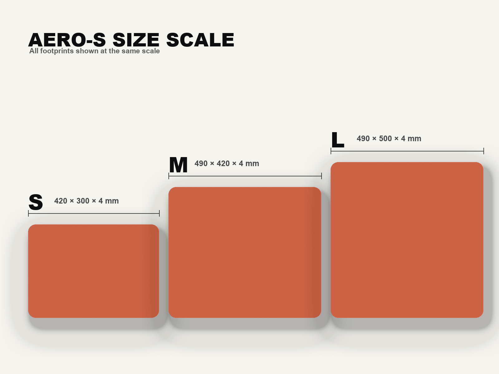 AERO-S Speed Pro Gaming Mousepad — Mars Red — S, M and L size comparison shown at the same scale with footprint dimensions