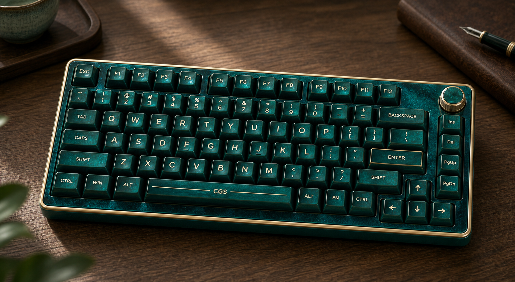 CGS Jade Enamel HE75 dark jade keyboard product image obscured by frosted glass