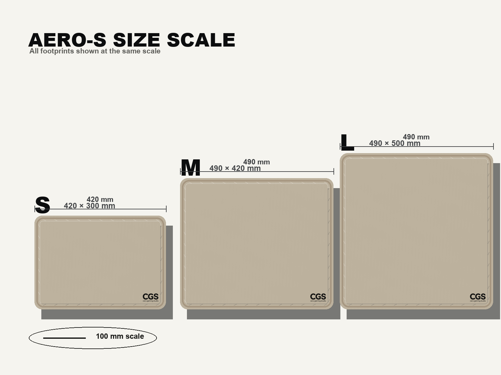 AERO-S Speed Pro Gaming Mousepad — Desert Sand — S, M and L size comparison shown at the same scale with a 100 millimeter ruler